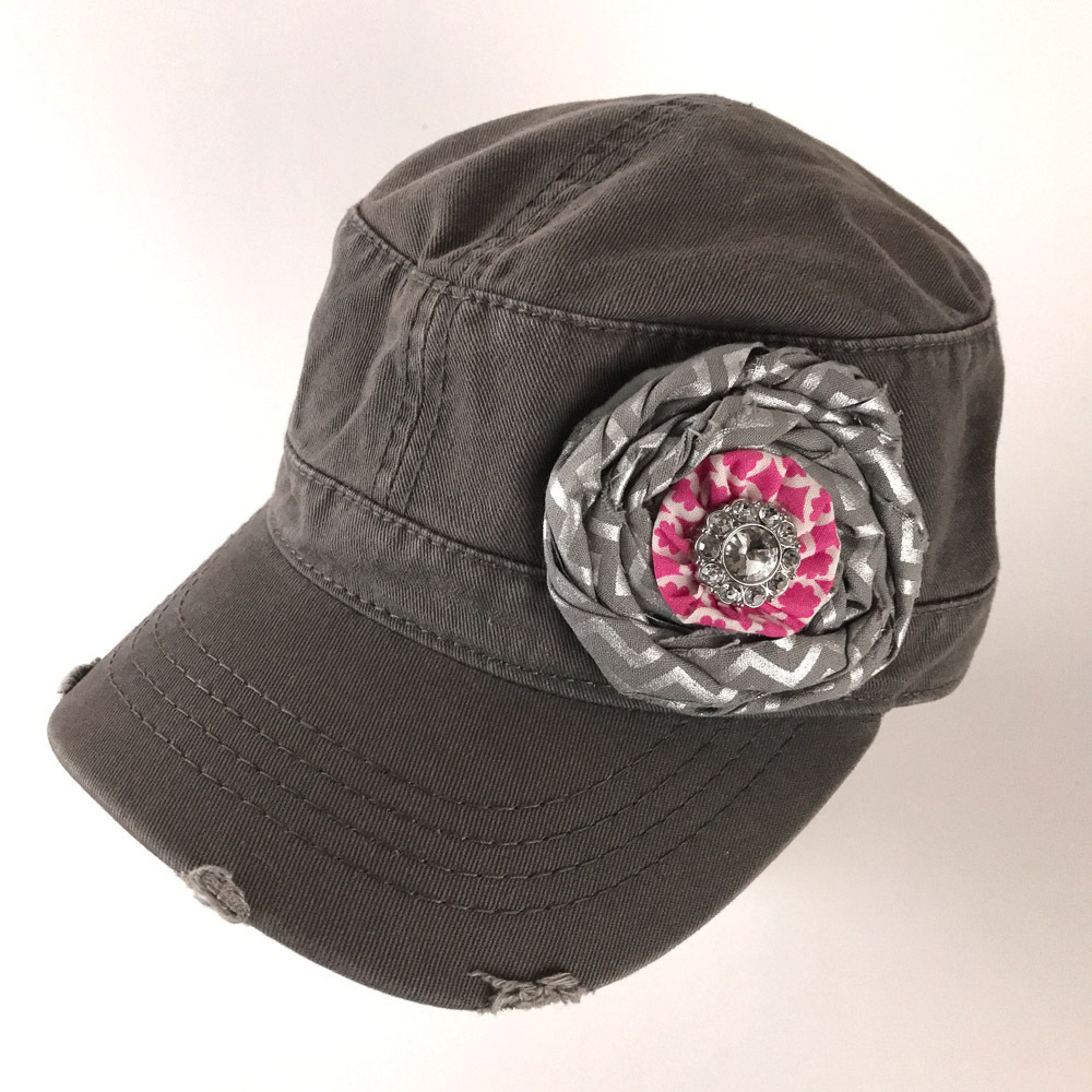 Large fabric flower and jewel Army Cadet style hat